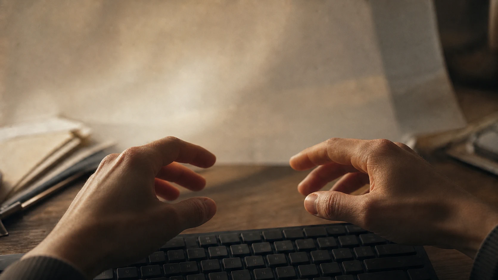 Hands lifting away from a keyboard in warm afternoon light.